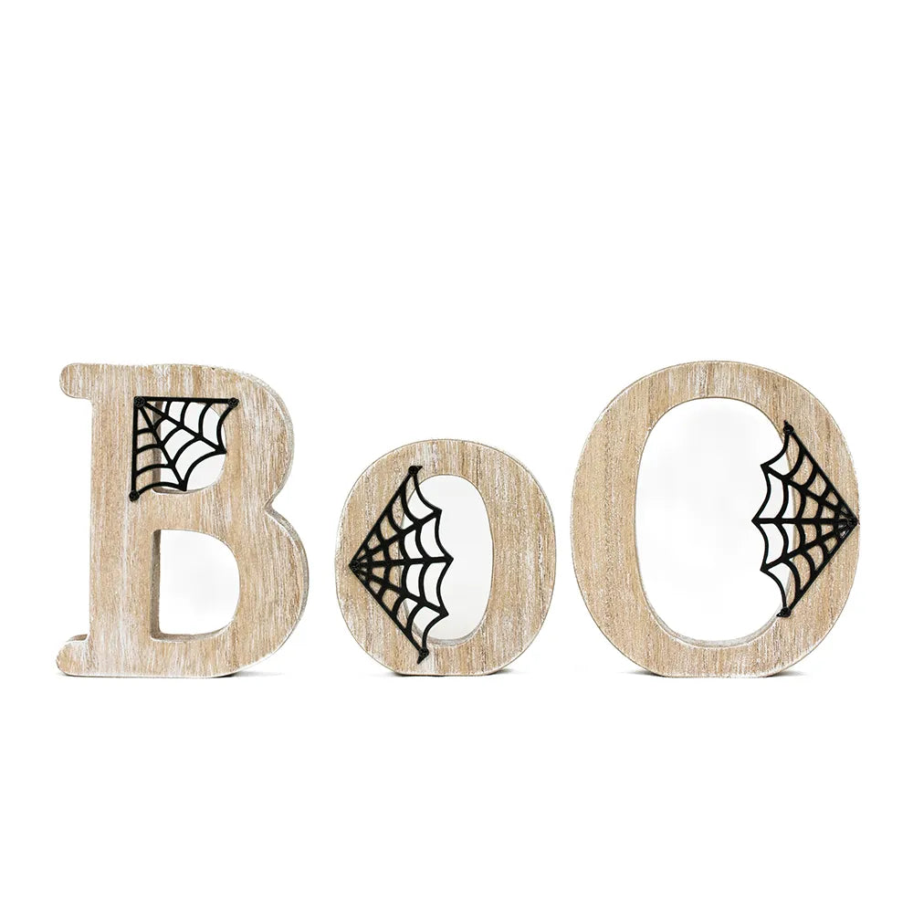 Wooden Cutout Boo Halloween Table Sign with Webs