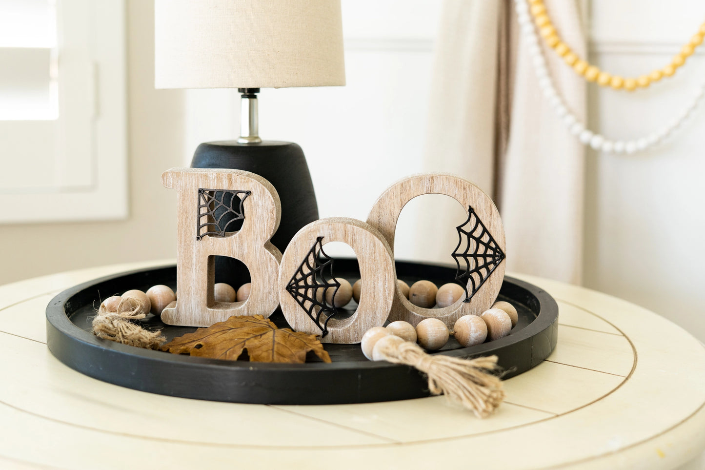 Wooden Cutout Boo Halloween Table Sign with Webs