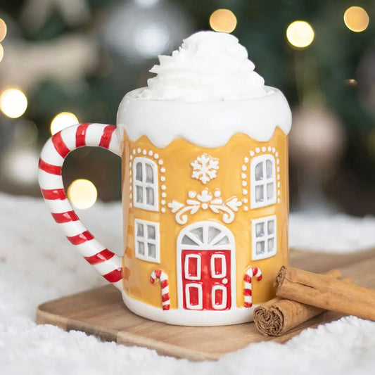 Ceramic Candy Cane Gingerbread House Mug