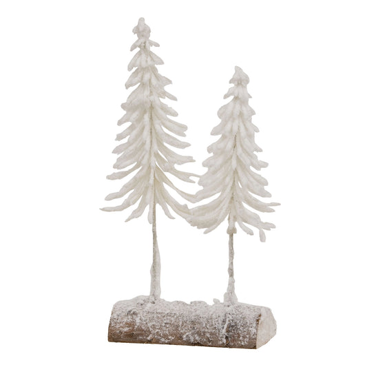 Heavy Flocked White Pine Tree Pair On Log 25cm
