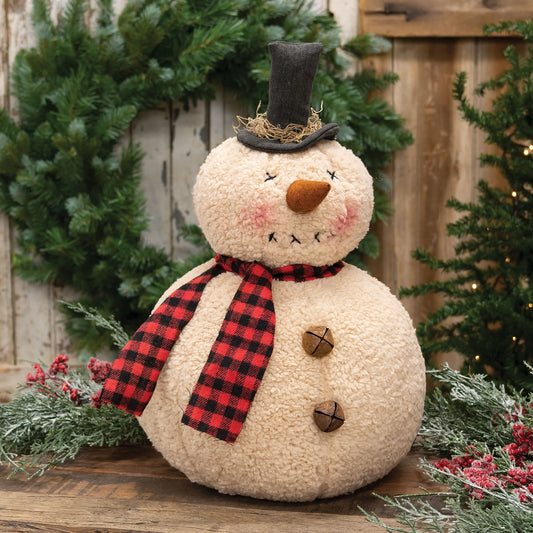 Overstuffed Plush Primitive Snowman with Black & Red Scarf 43cm