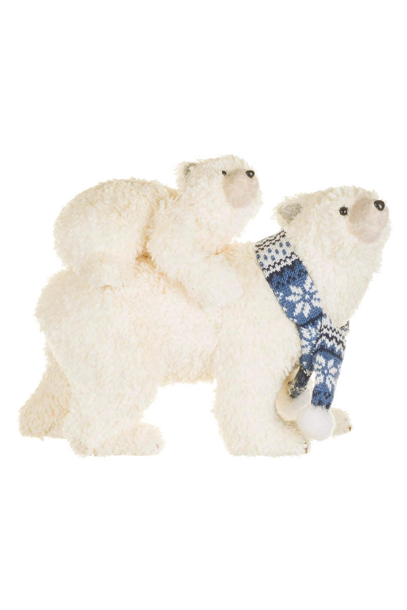 White Mum & Cub Polar Bear Figurine with Blue Knitted Scarf - AUGUST ARRIVAL