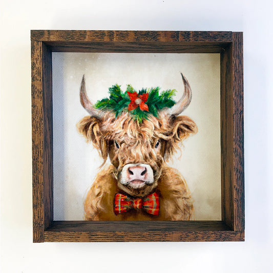 Farm Highland Cow in Christmas Wreath wooden Framed Print