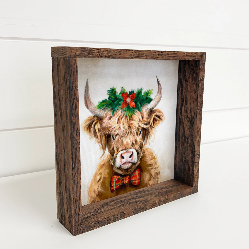 Farm Highland Cow in Christmas Wreath wooden Framed Print